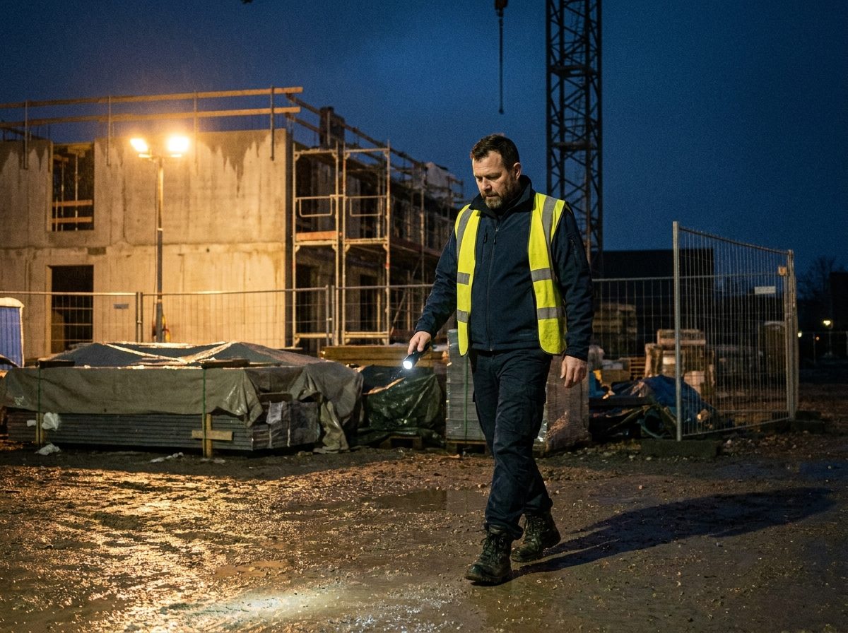 Vagt på natrundering på en byggeplads