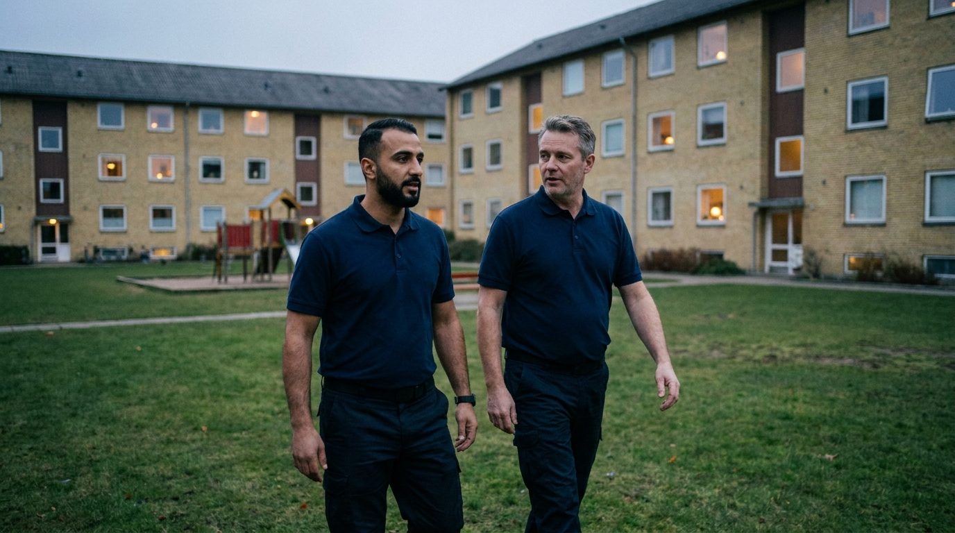 To vagter fra Prime Security Group på rundering i et boligområde i skumringen