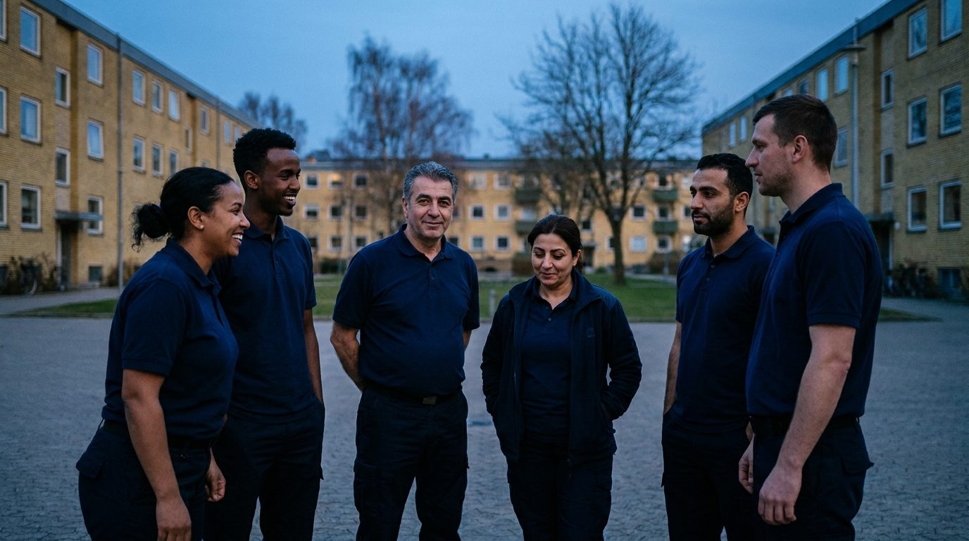 Vagtteamet fra Prime Security Group samlet før en vagt